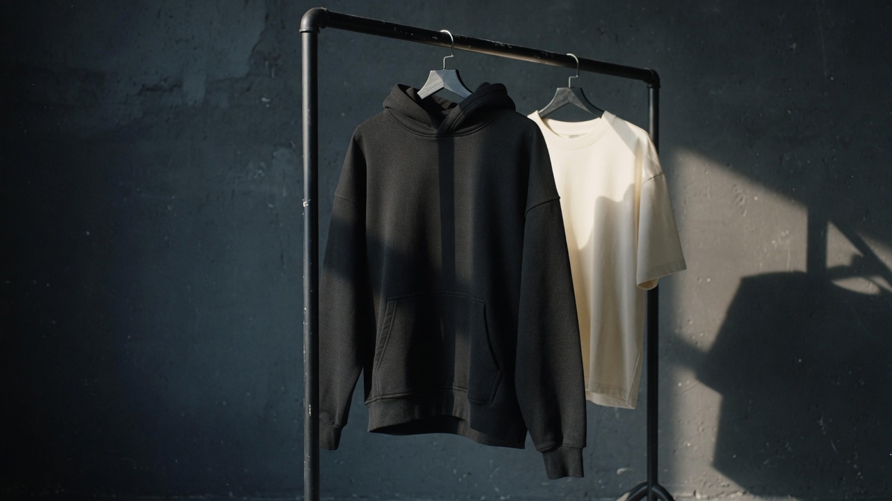 Heavyweight black hoodie in a dark studio