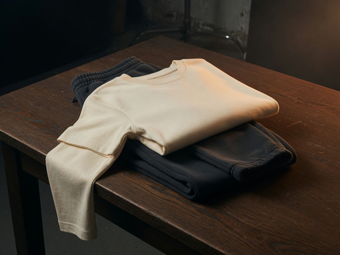 Cream tee and charcoal sweatpants in studio light